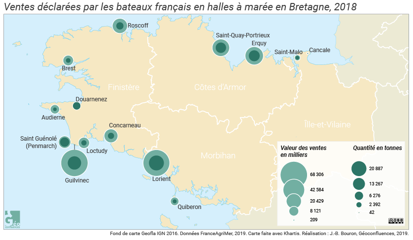 Ventes déclarées par les bateaux français en halles à marée en Bretagne, 2018, carte