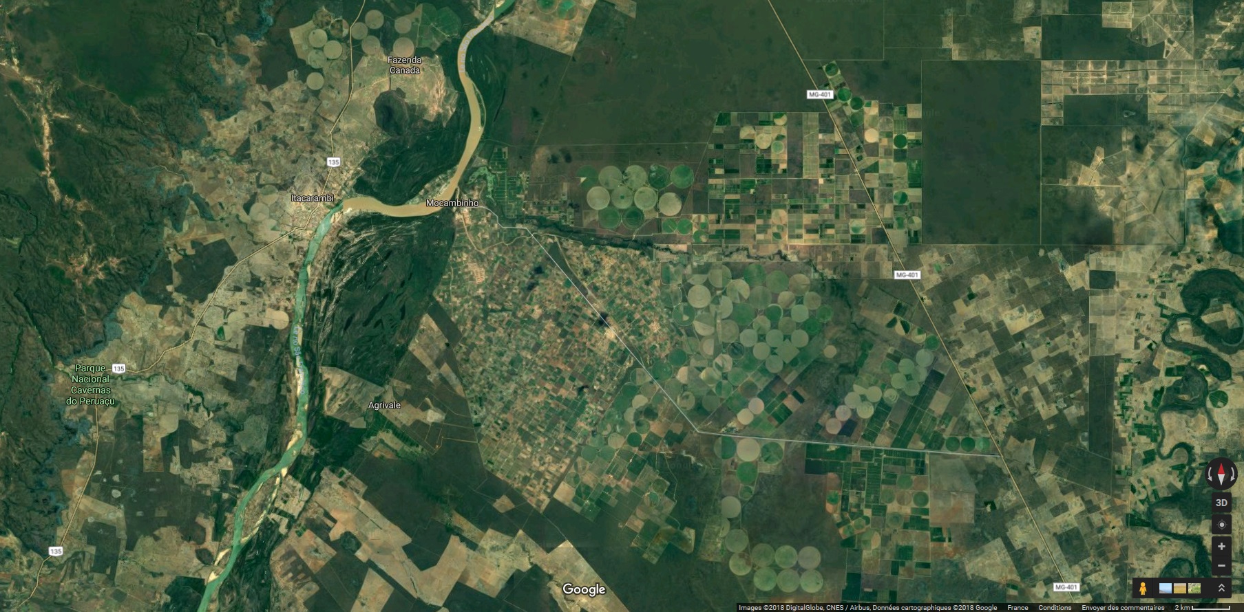 image satellite Les cultures par irrigation via un pivot central forment des surfaces circulaires sur la rive droite du fleuve São Francisco
