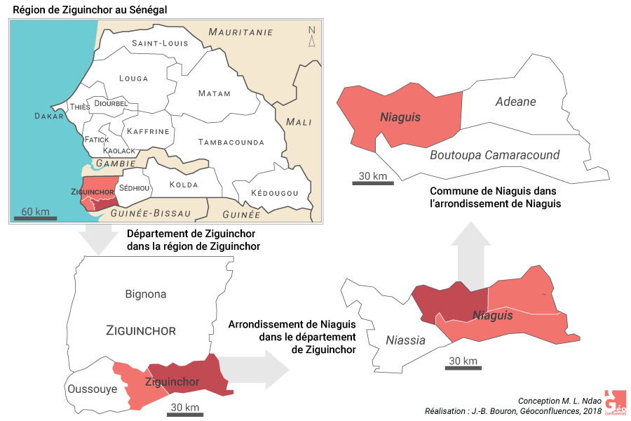 Carte localisation Niaguis et Ziguinchor au Sénégal