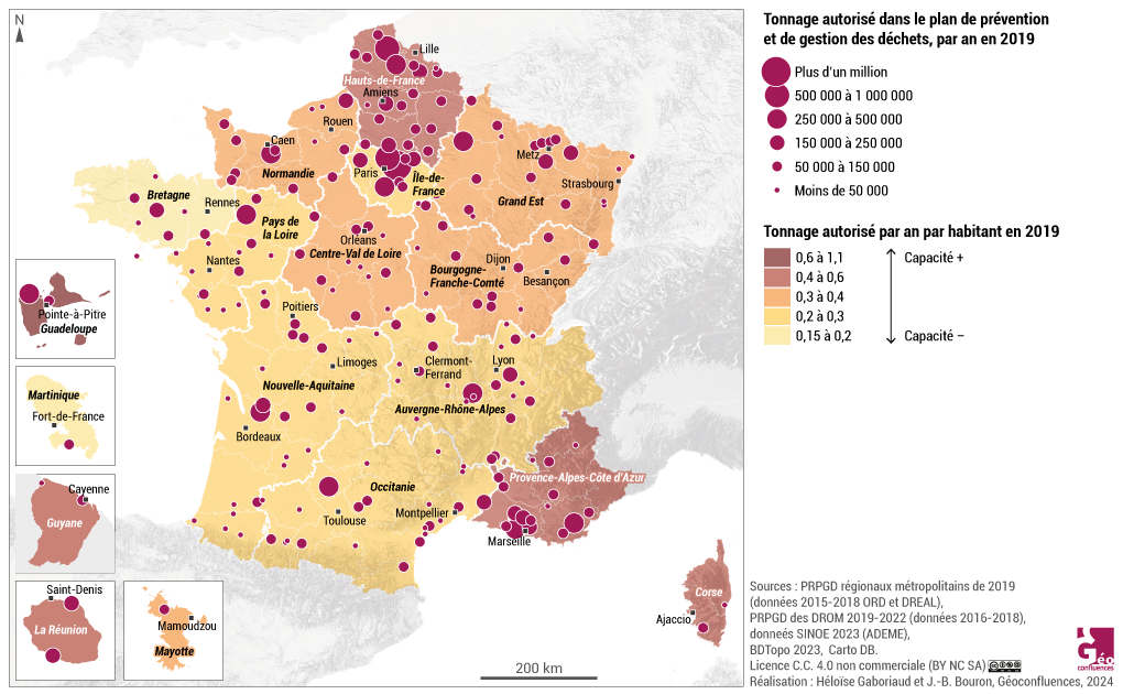 Carte des décharges en activité en 2019 d'après les documents régionaux