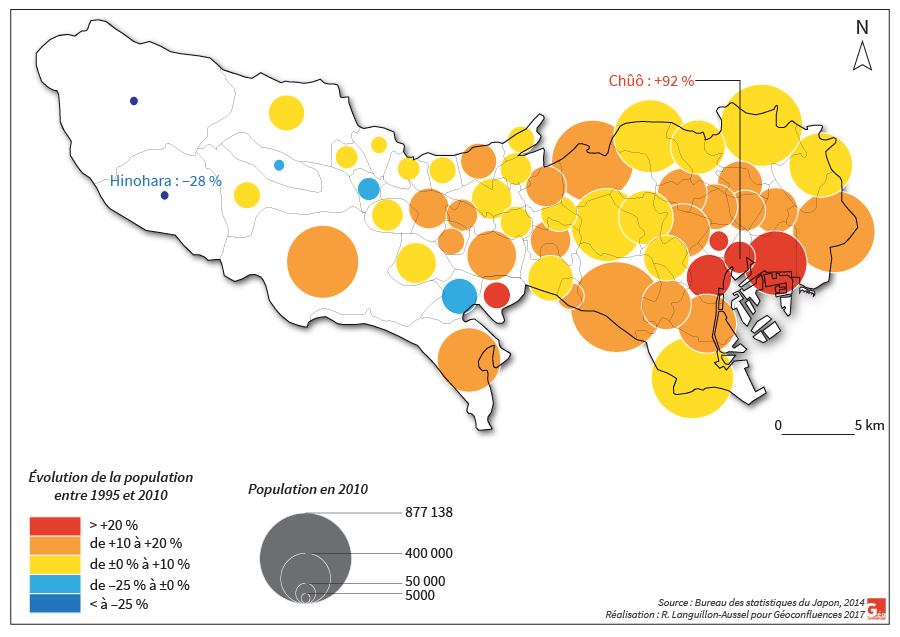 Évolution démographique des municipalités du département de Tokyo entre 1995 et 2010