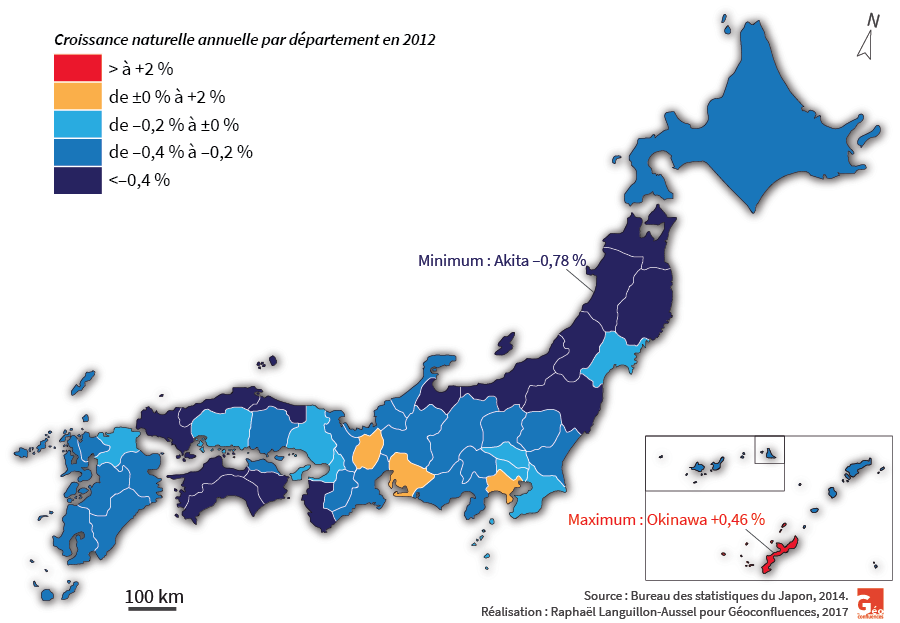 Croissance démographique naturelle annuelle au Japon par département en 2012