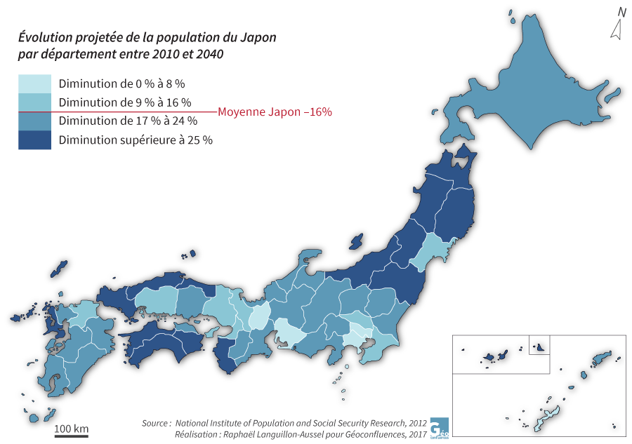 Évolution projetée de la population du Japon par département entre 2010 et 2040