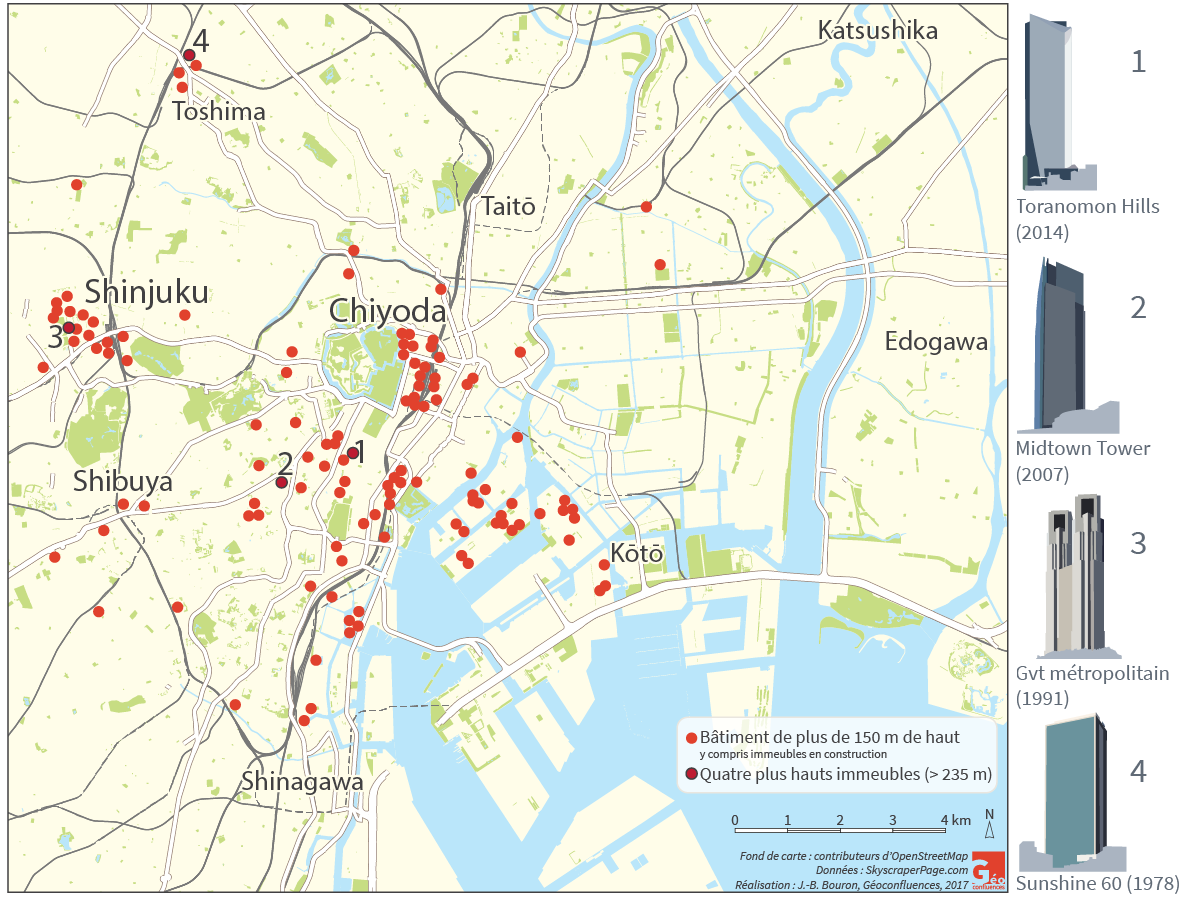 Les immeubles de plus de 150 m de haut à Tokyo