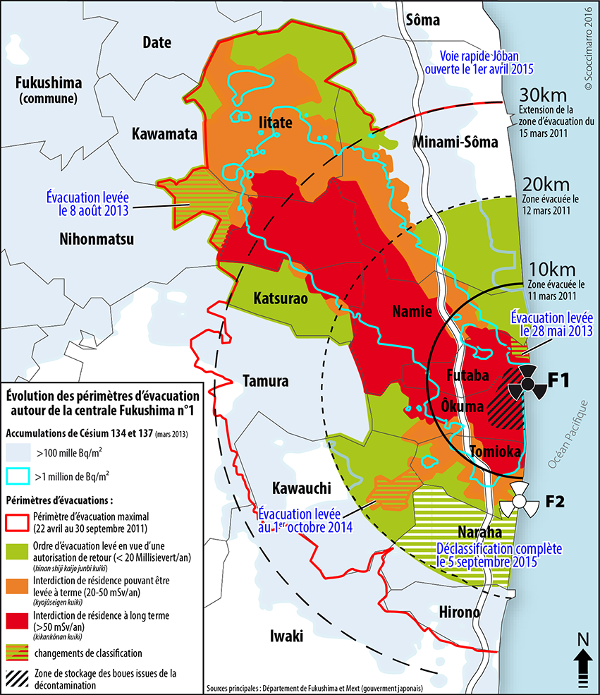 Carte des zones d’évacuation de 2016 du Tohoku à la suite de la contamination nucléaire (Japon)