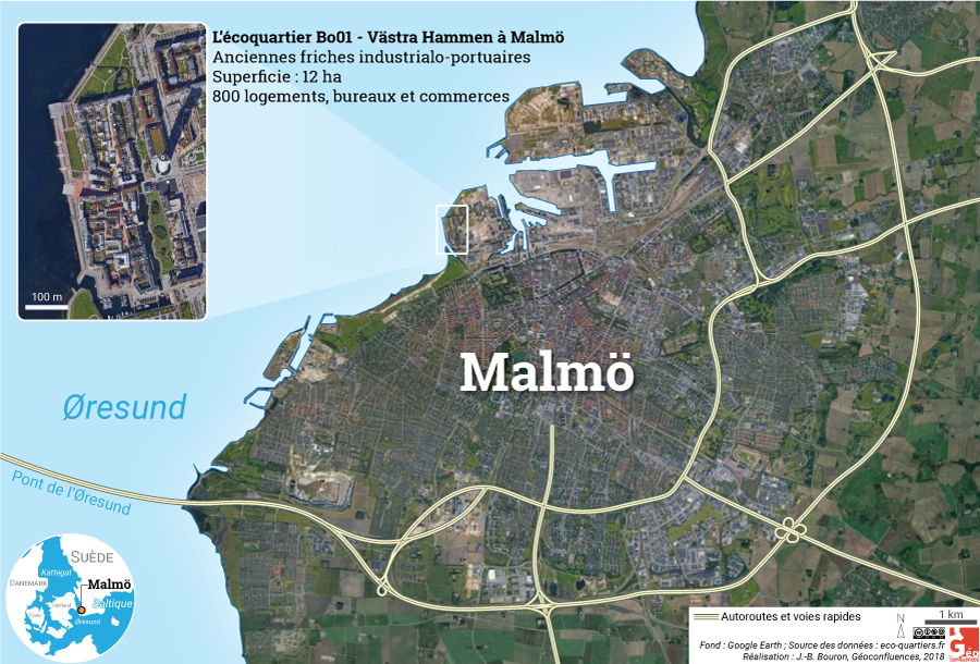BO01 Västra Hamnen carte malmo autoroutes photographie aérienne