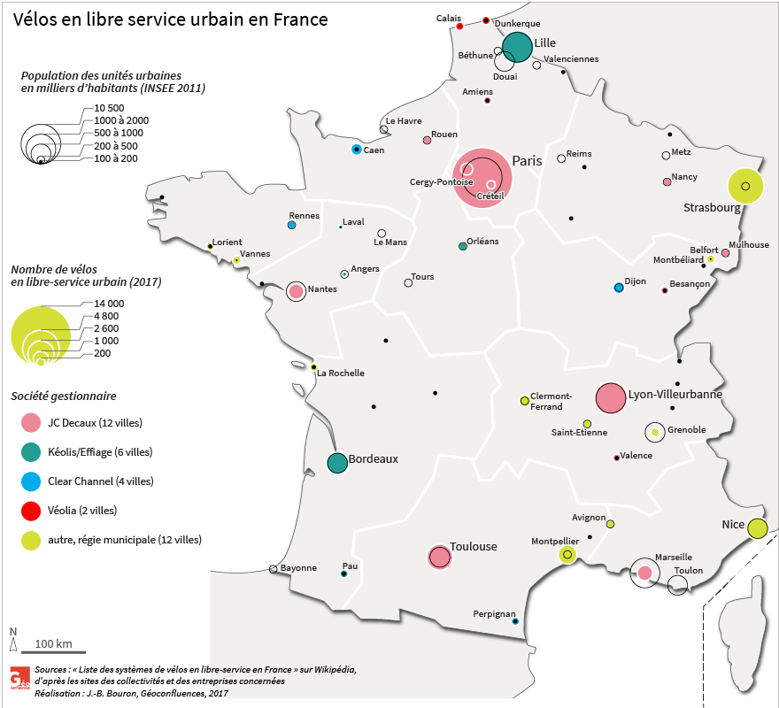 carte des vélos en libre service en France par nombre et type de société