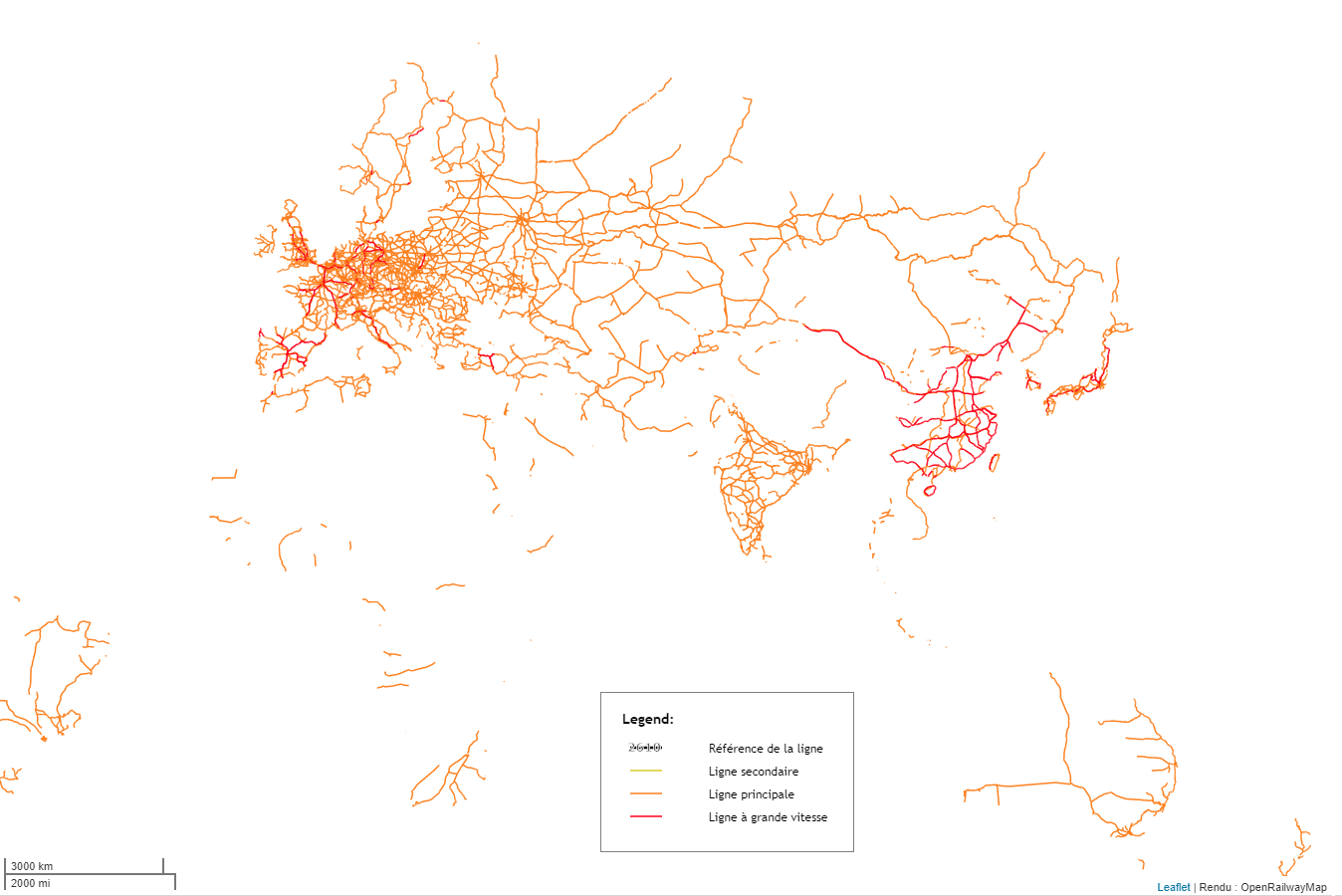 Carte des voies ferrées et des LGV en Europe Asie Afrique Australie