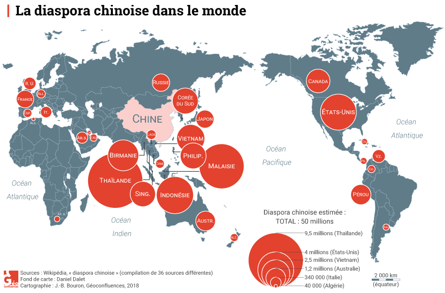 Planisphère carte diaspora chinoise dans le monde par pays 2018 2017 