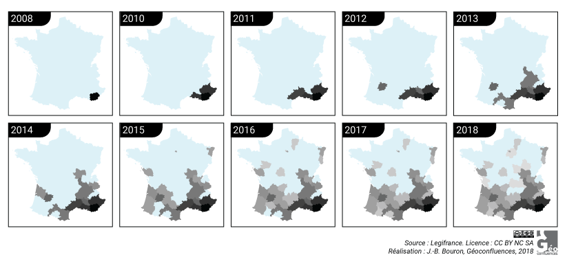 Carte diffusion du moustique tigre en France via arrêtés Légifrance