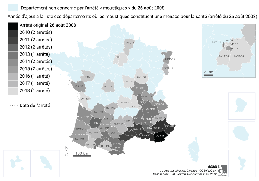 Carte diffusion du moustique tigre en France via arrêtés Légifrance