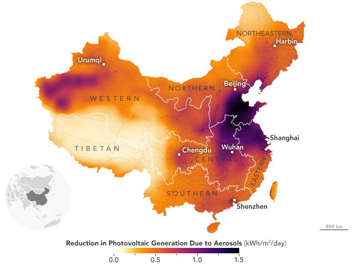 Chine réduction du potentiel solaire par les aérosols