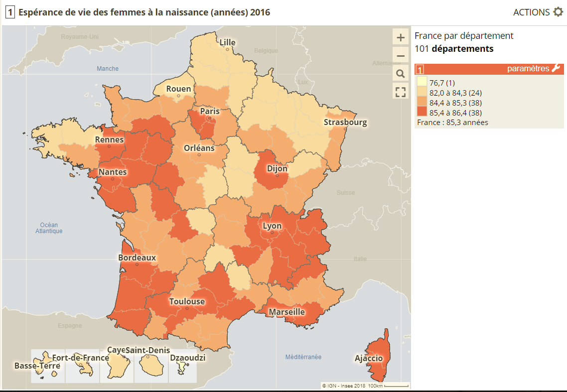 espérance de vie des femmes à la naissance, France par départements, DROM inclus
