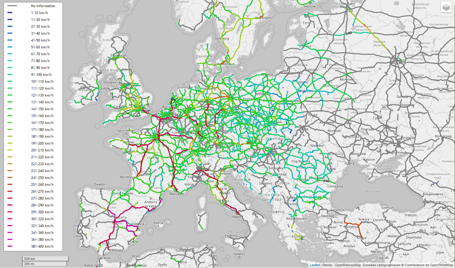 Carte des voies ferrées et des LGV en Europe