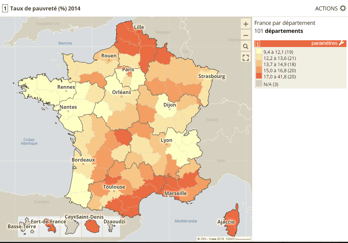 taux de pauvreté, France par départements, DROM inclus