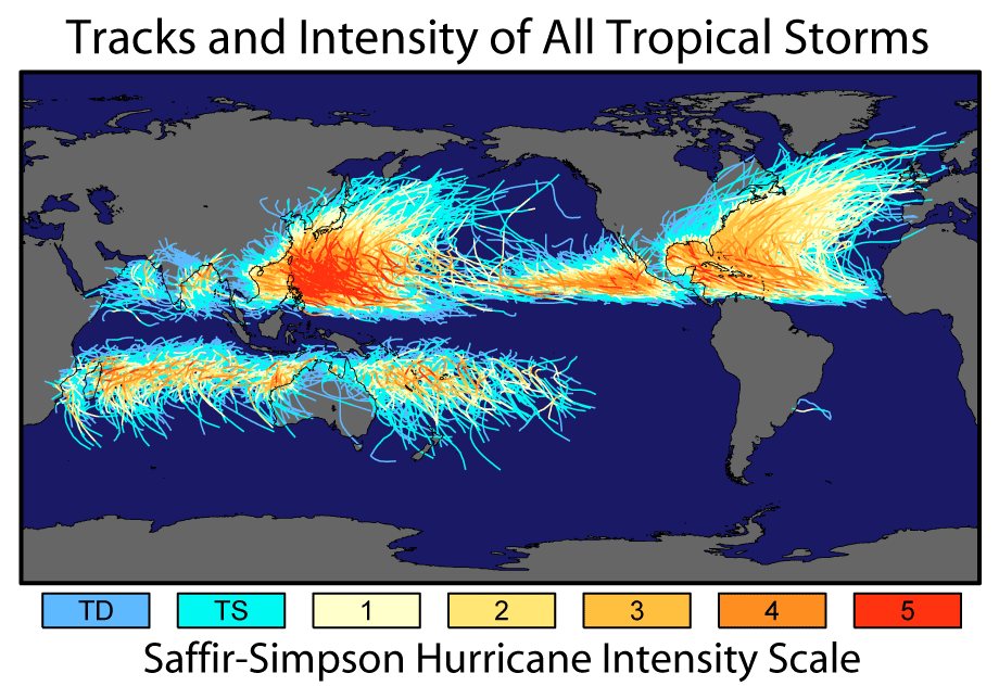 NASA tous les cyclones depuis 150 ans carte