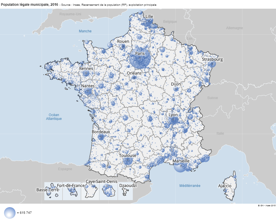 Carte France population par commune 2016 Insee