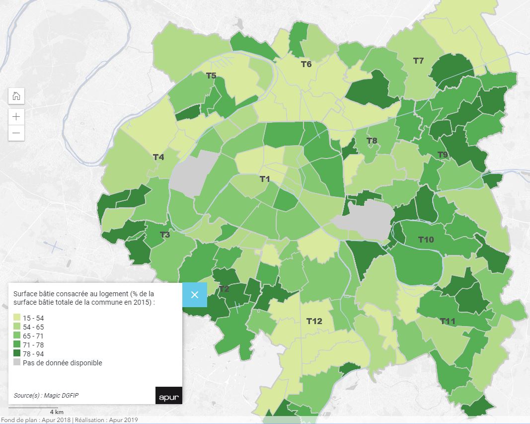 Ile de France / Grand Paris - surface bâtie consacrée au logement par commune carte
