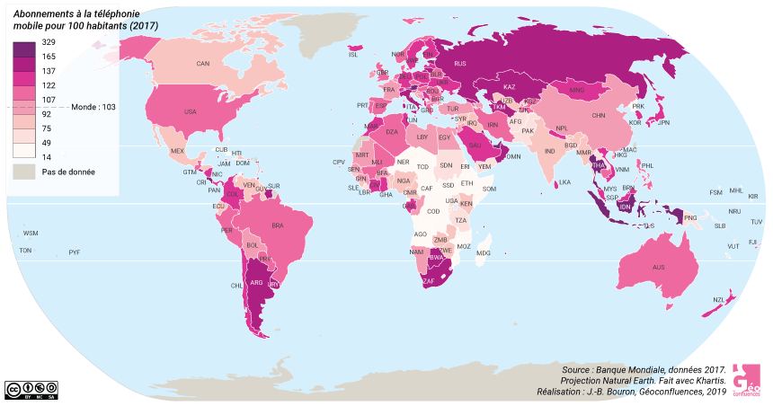 Carte du nombre d'abonnements à la téléphonie mobile pour 100 habitants, monde