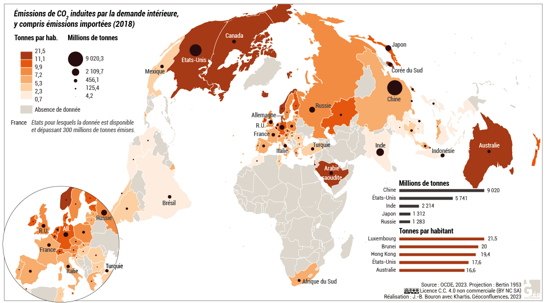 Carte émissions de CO2 y compris émissions importées