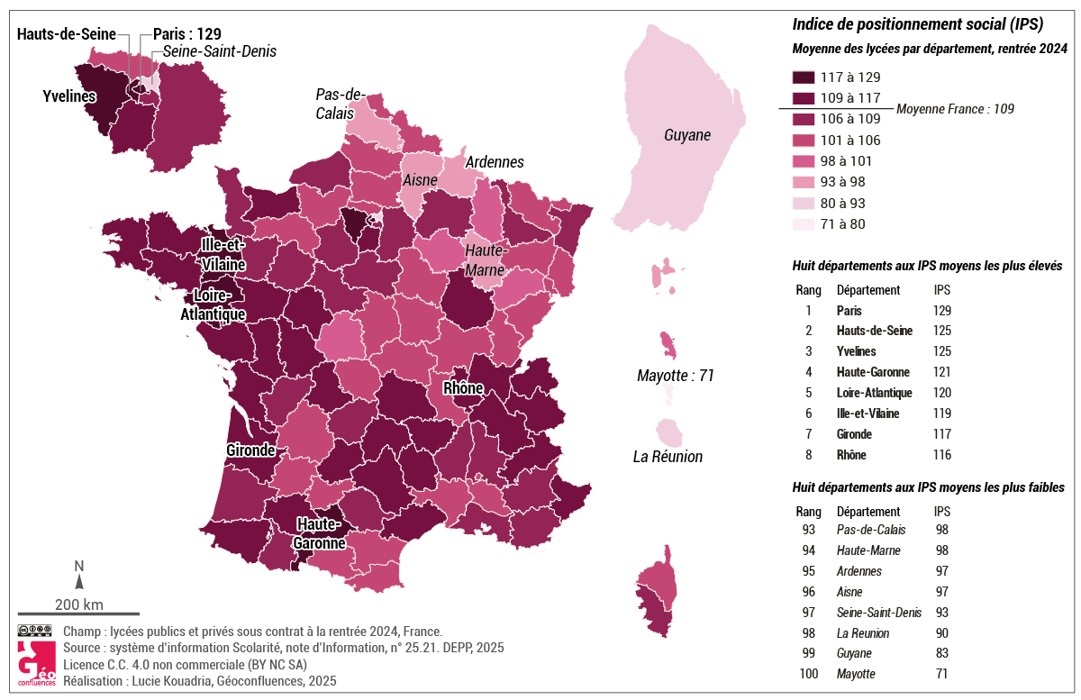 Moyenne des IPS des lycées par département à la rentrée 2024 (France)