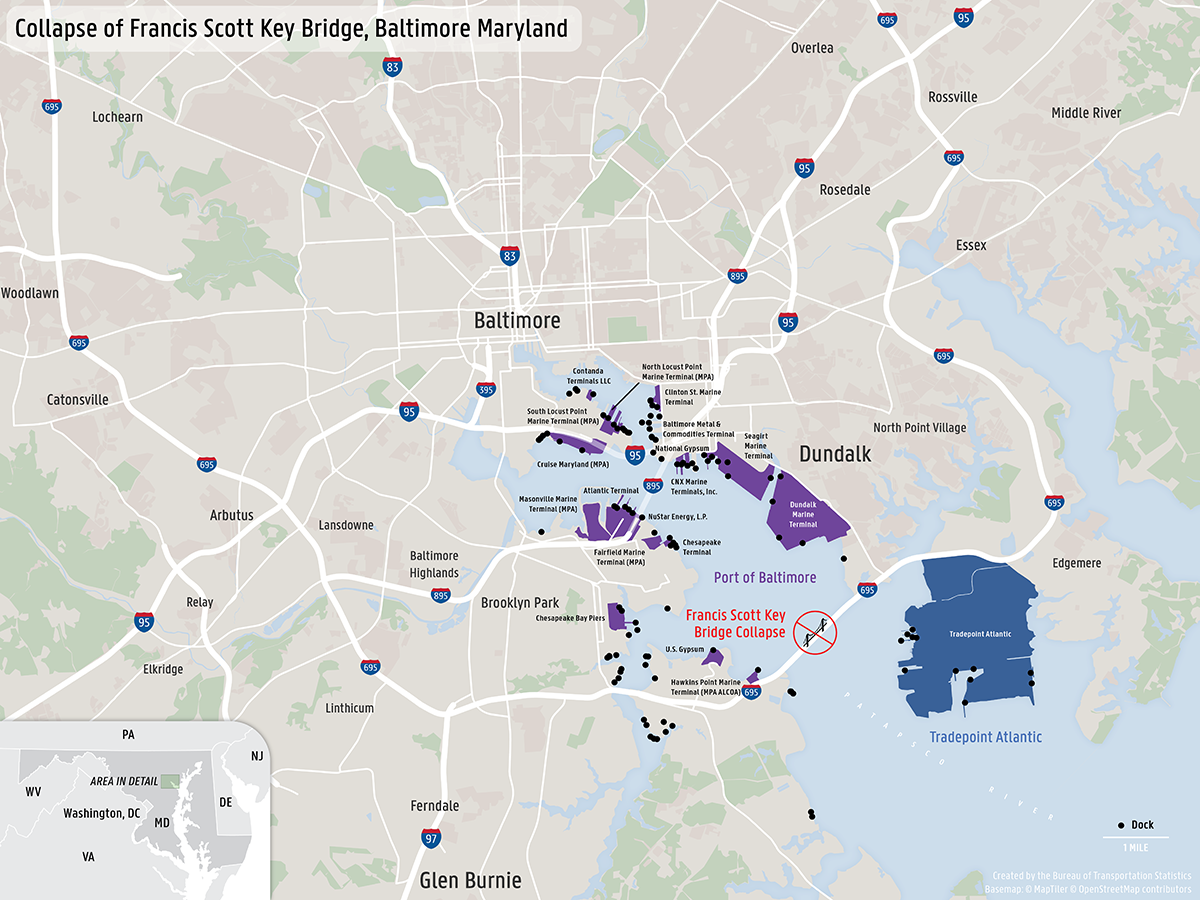 Carte du port de Baltimore et du pont écroulé