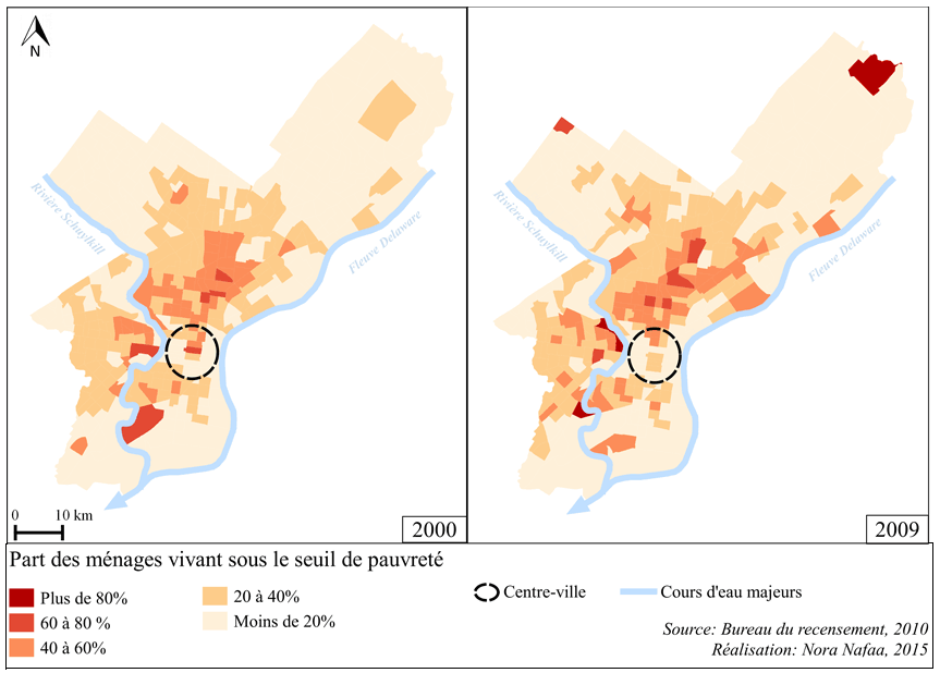 Part des ménages vivant sous le seuil de pauvreté à Philadelphie en 2000 et en 2009 (États-Unis)